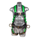 Green top Full body harness with 5 point adjustment, dorsal D-ring, hip D-rings, heavy duty back support/positioning pad with tool belt.SKU H222101126