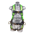 High Vis Green Full body harness with 5 point adjustment, dorsal D-ring, hip D-rings, heavy duty back support